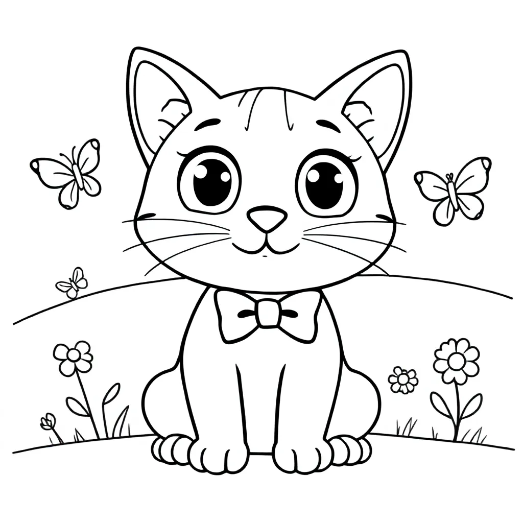 Feuille de coloriage gratuite d'un chat joueur aux grands yeux et à un nœud papillon.  Coloriage chat.