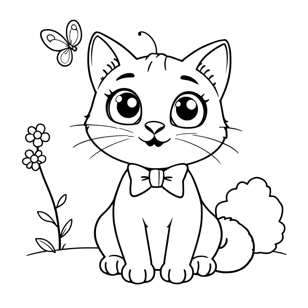 Feuille de coloriage gratuite d'un chat joueur aux grands yeux et à un nœud papillon.  Coloriage chat.