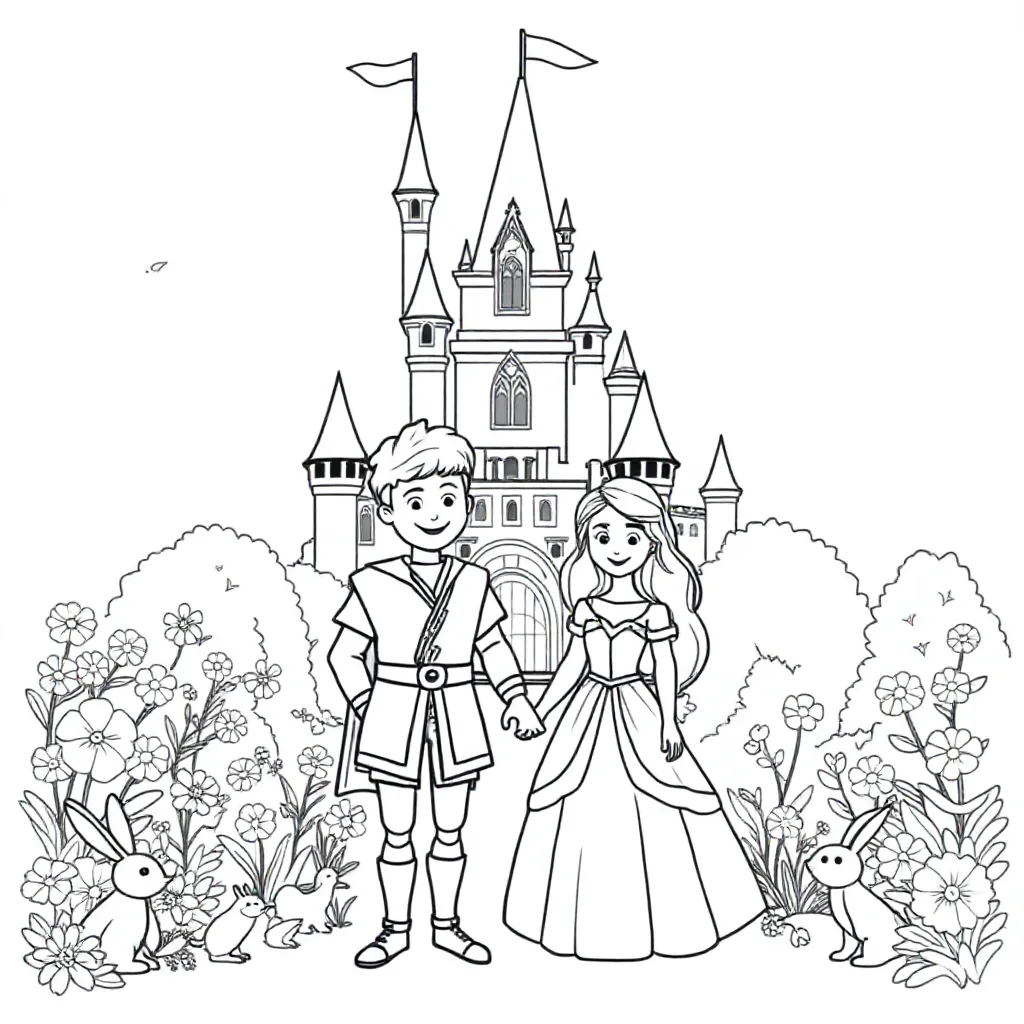 Feuille de coloriage gratuite : Un château de conte de fées avec un prince et une princesse - Colorier