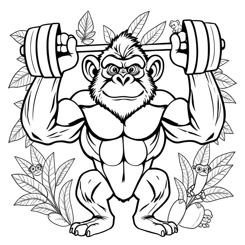 Feuille de coloriage gratuite d'un singe musclé faisant de la musculation. Feuille de coloriage