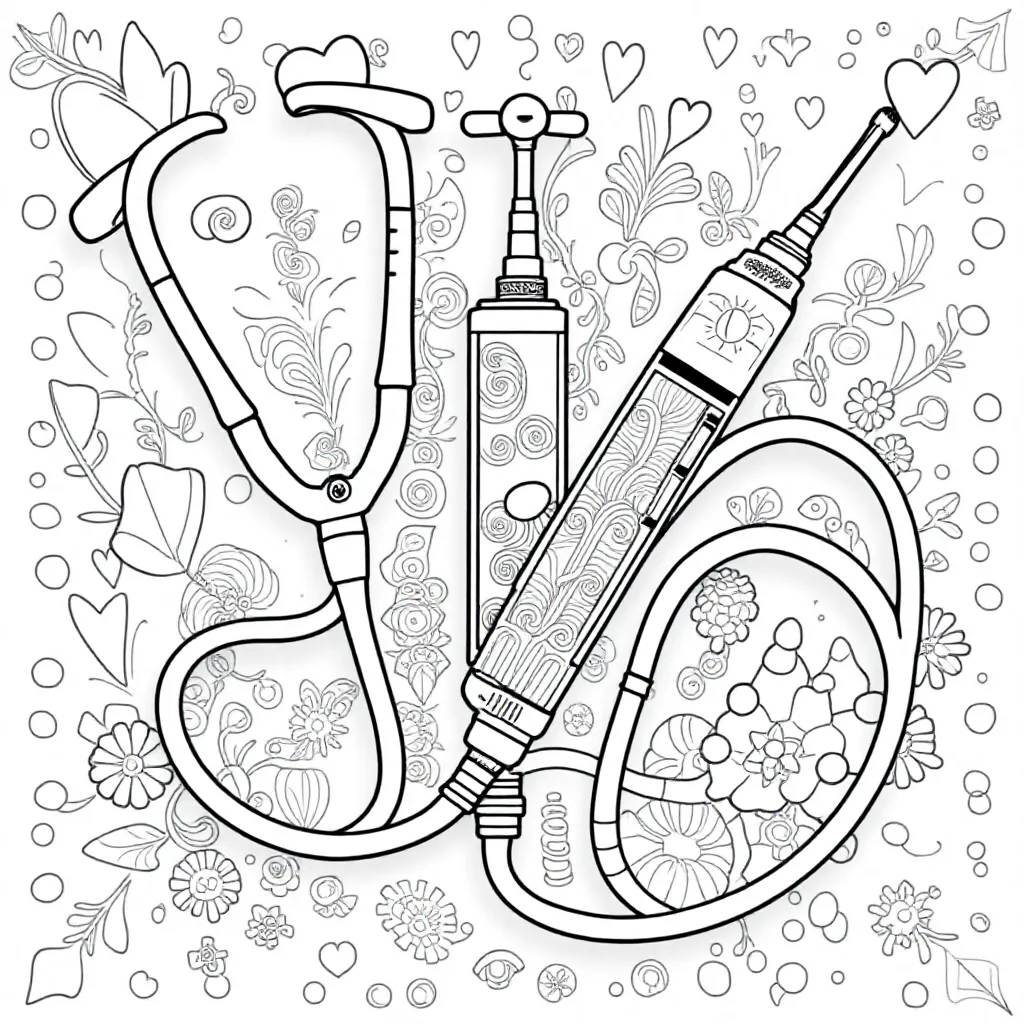 Een stethoscoop met een spuit en zuurstofslang coloring page for children