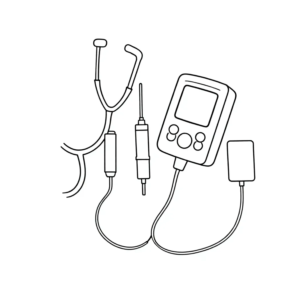 Een stethoscoop, spuit, voedingspomp en zuurstofslang coloring page for children