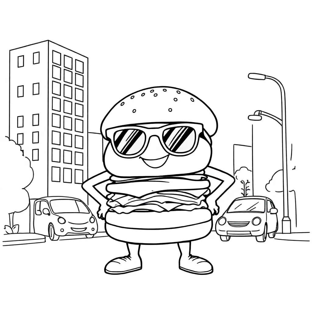 Feuille de coloriage gratuite : un burger stylé avec lunettes de soleil dans une ville animée
