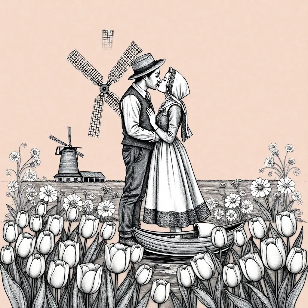 Una tradicional pareja holandesa besándose, dibujo para colorear infantil.