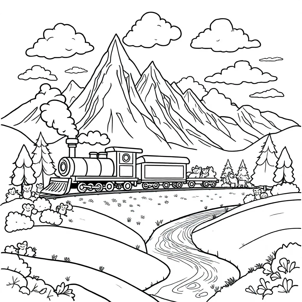 Feuille de coloriage : Un train traversant les montagnes avec une vue magnifique