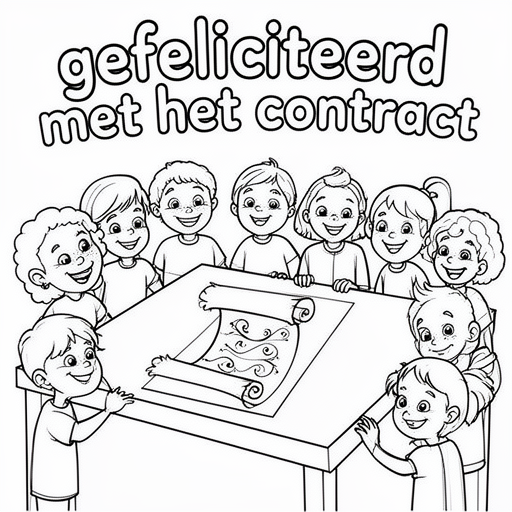 een vel papier op een tafel met op dat papier een krul en 10 blije mensen bij de tafel kleurplaat vo