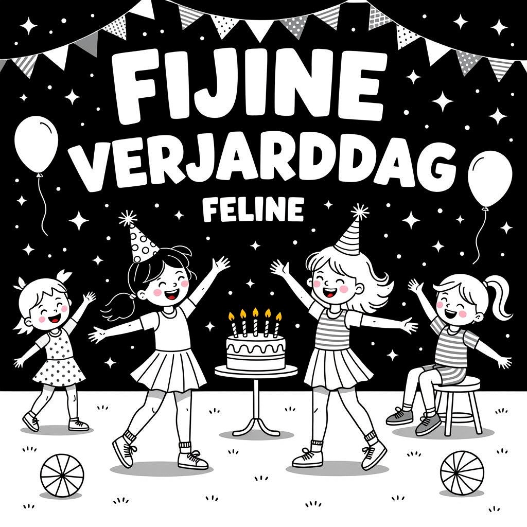 een verjaardags feest met een meisje met een bril zwart haar en jurk 9 jaar en meisje blond haar 9