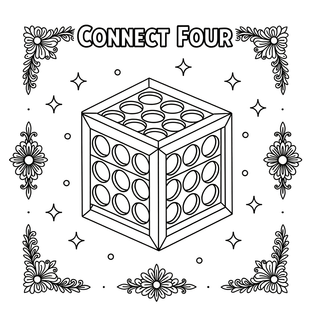 Ein Vier-Gewinnt-Spielbrett und dazu eine Malvorlage für Kinder.