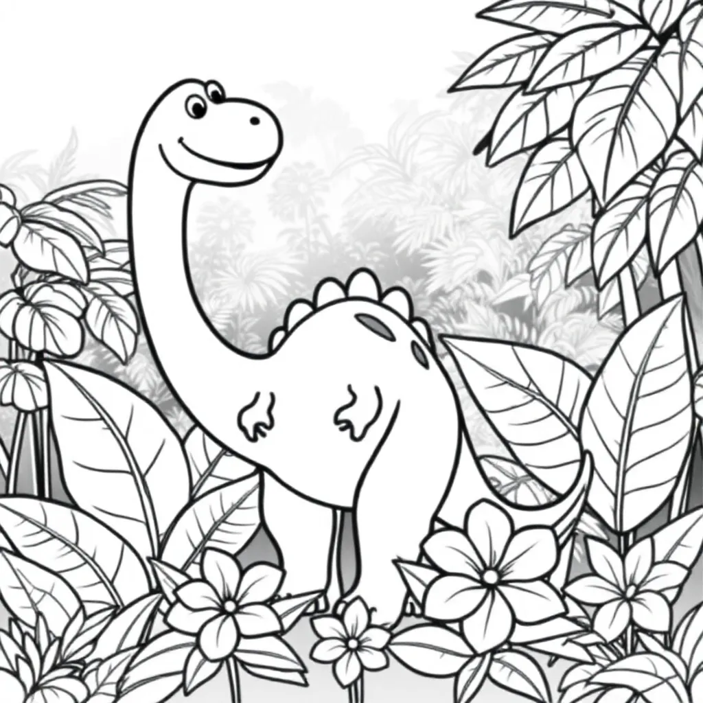 Plantilla de colorear gratis de un amable dinosaurio en una jungla con flores