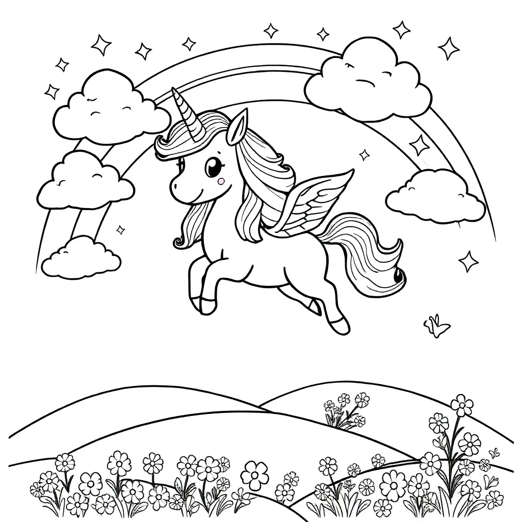 Feuille de coloriage gratuite : Une licorne joyeuse qui vole à travers l'arc-en-ciel.