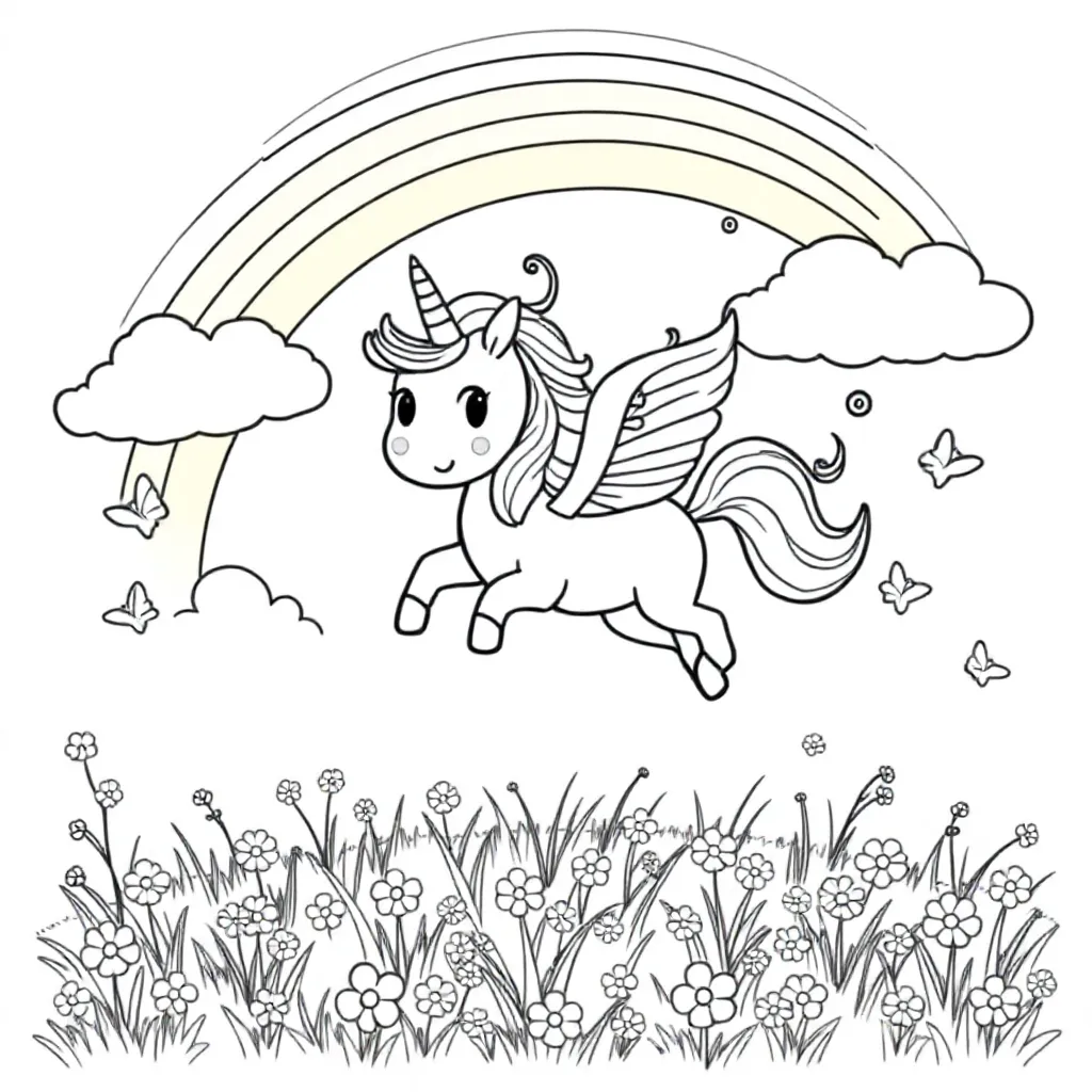 Feuille de coloriage gratuite : Une licorne joyeuse qui vole à travers l'arc-en-ciel.