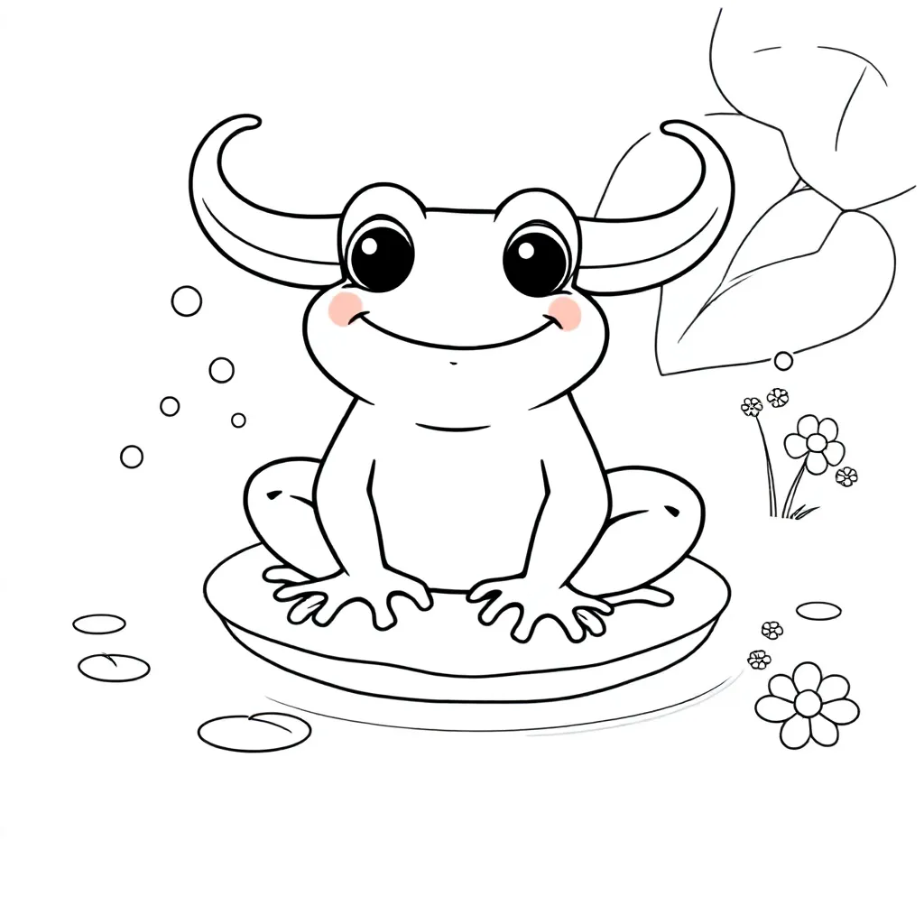 Feuille de coloriage gratuite d'une grenouille joyeuse avec des cornes de taureau. Coloriage