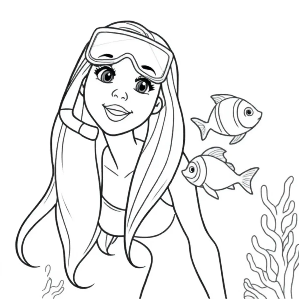 Een vrouw met lang haar en kleding aan die op avontuur is in de onderwater wereld met een snorkel o