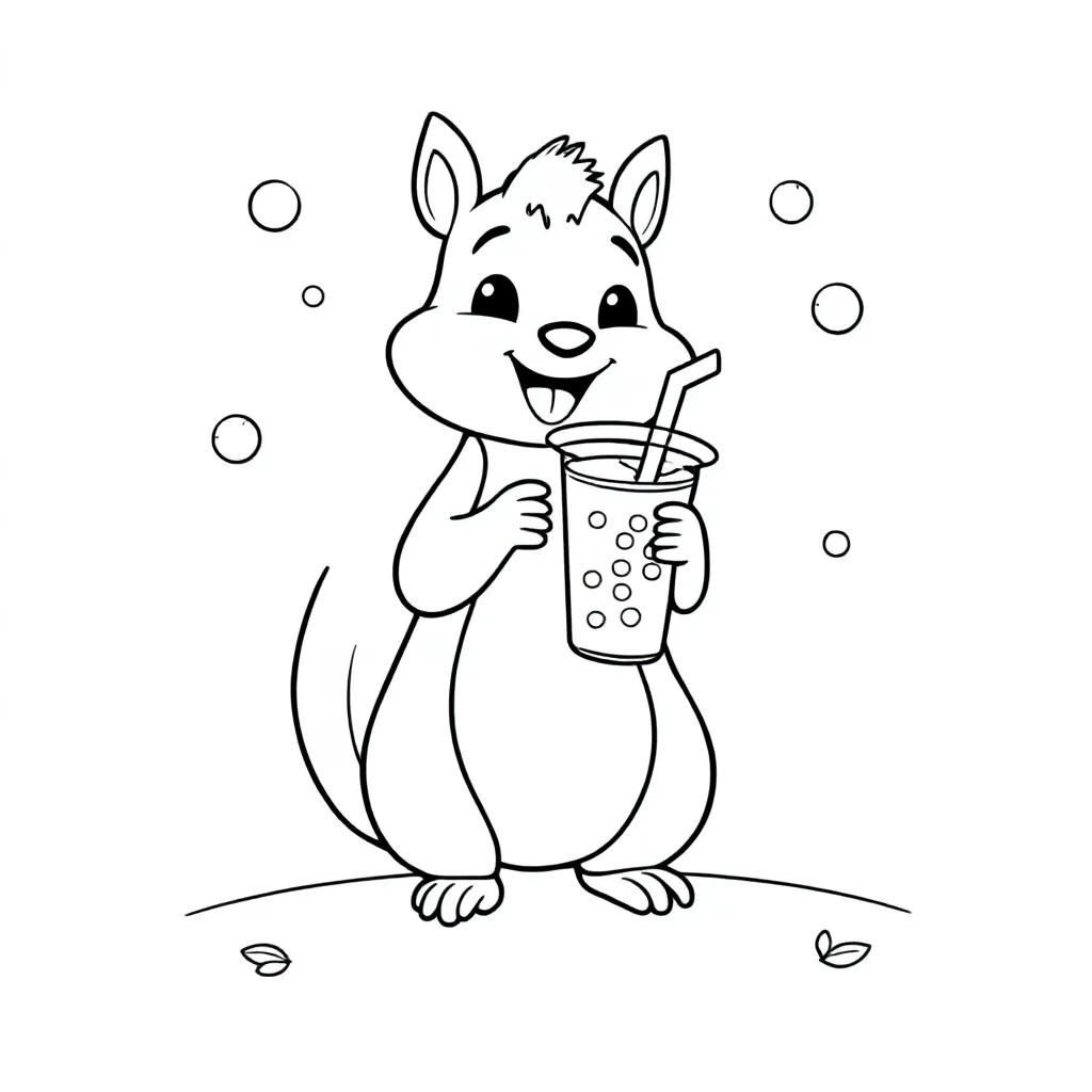 Squirrel holds bubble tea, surrounded by coloring page for kids