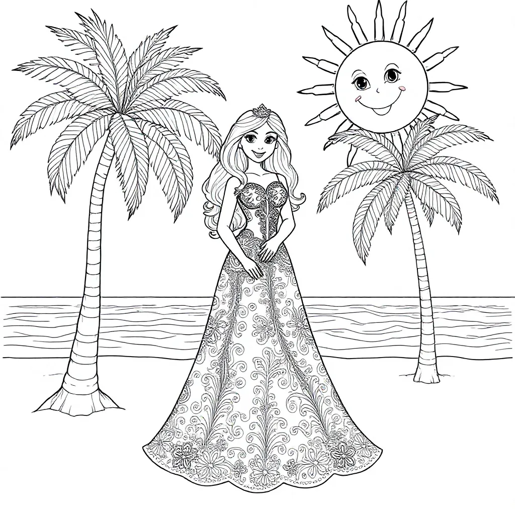 eine Prinzessin mit Kleid am Strand mit Palmen und Sonne und etwas Meer kleurplaat voor kinderen
