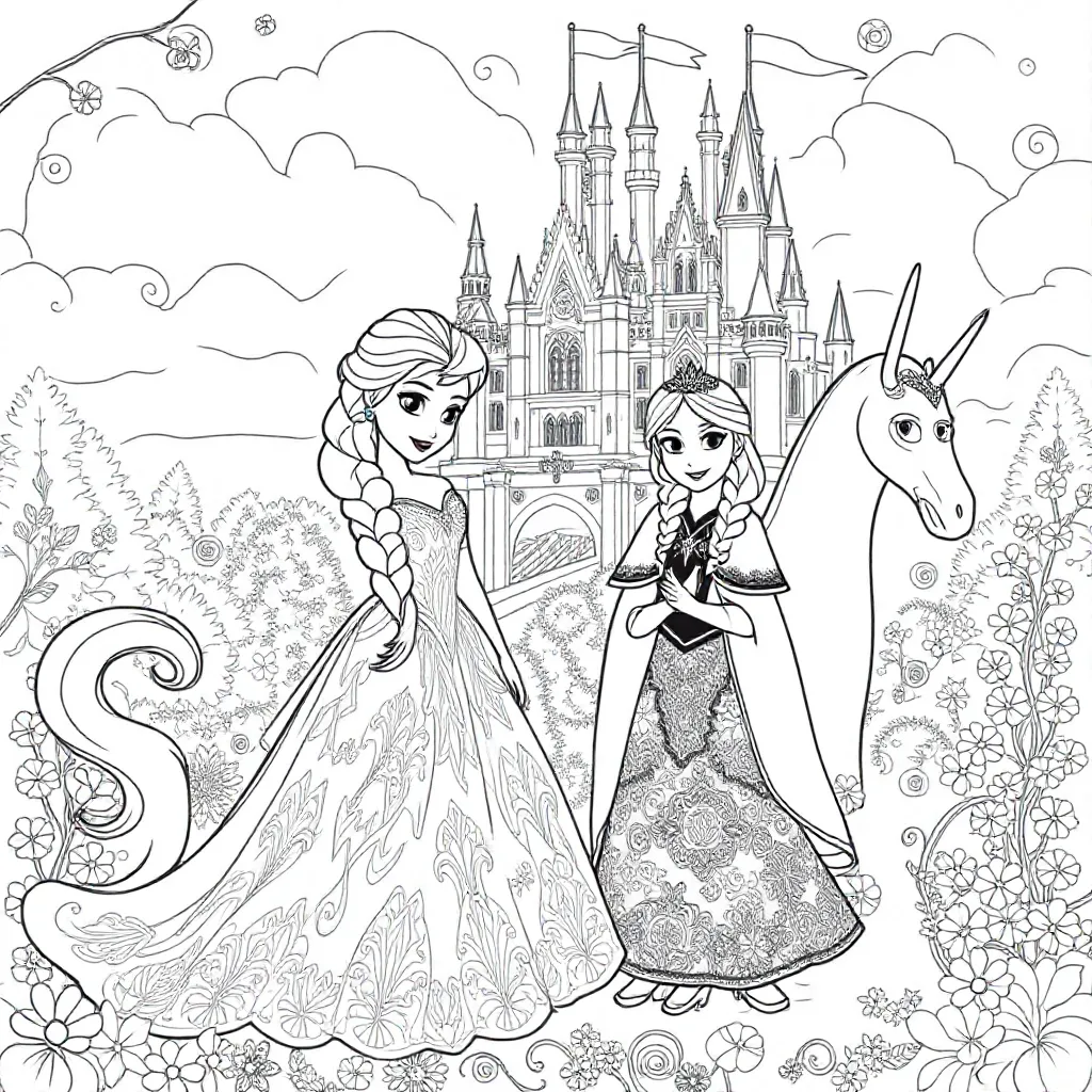 elsa anna unicorn en kasteel op achtergrond