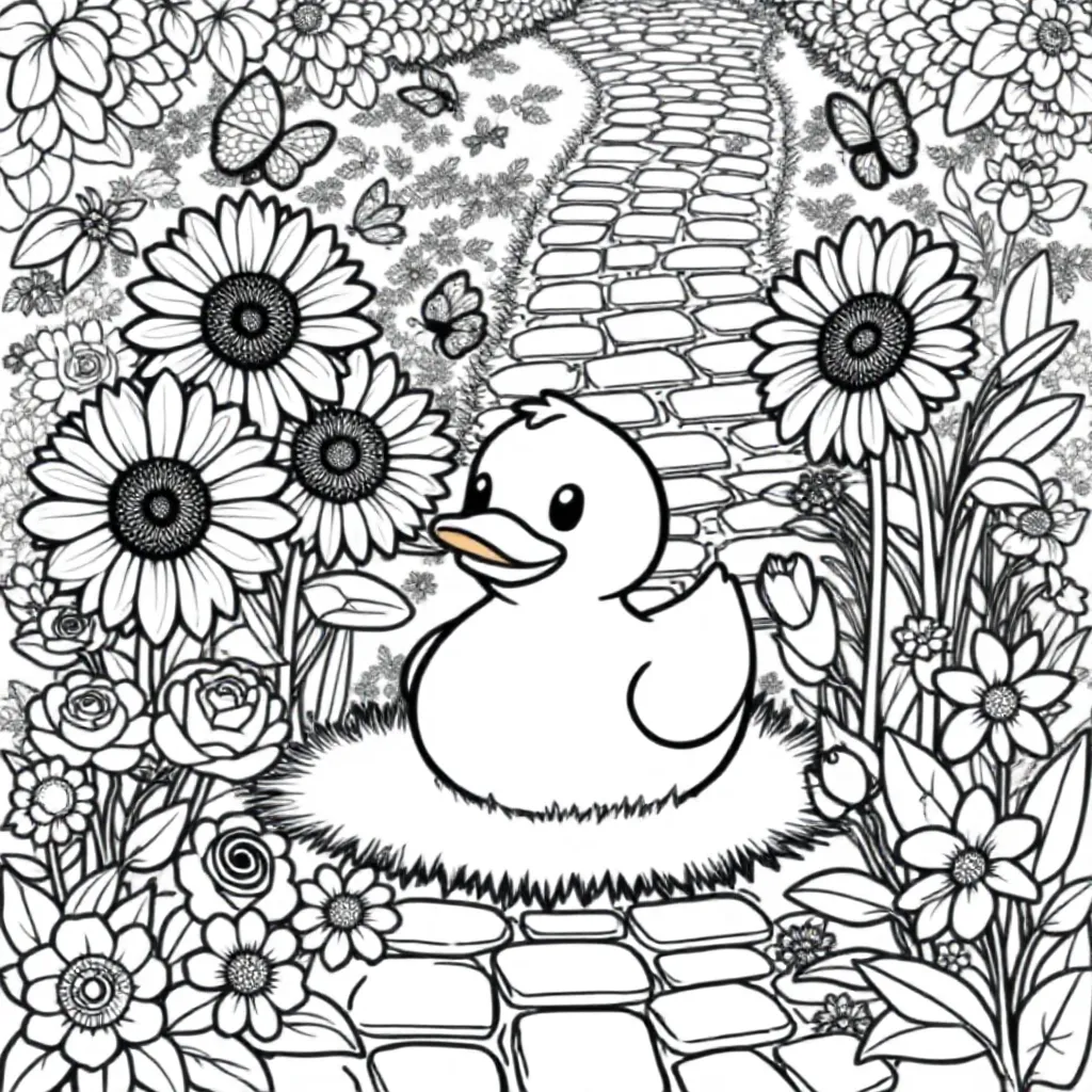 Plantilla de colorear Gratis y Pato de goma en un jardín con flores. Plantilla de colorear para niños.