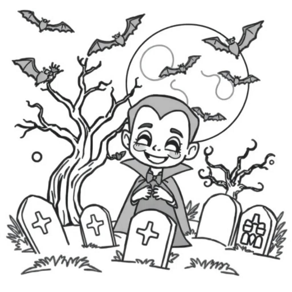 Coloring Page Scary Vampire Halloween Cemetery Spiderwebs Fine Motor Skills