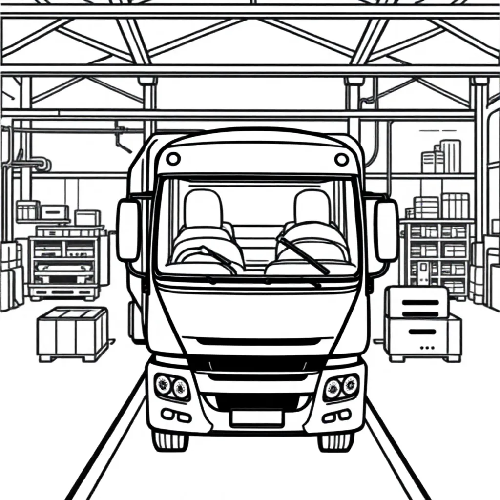 Fabriek met transportbanden. Met een visualisatie scherm kleurplaat voor kinderen