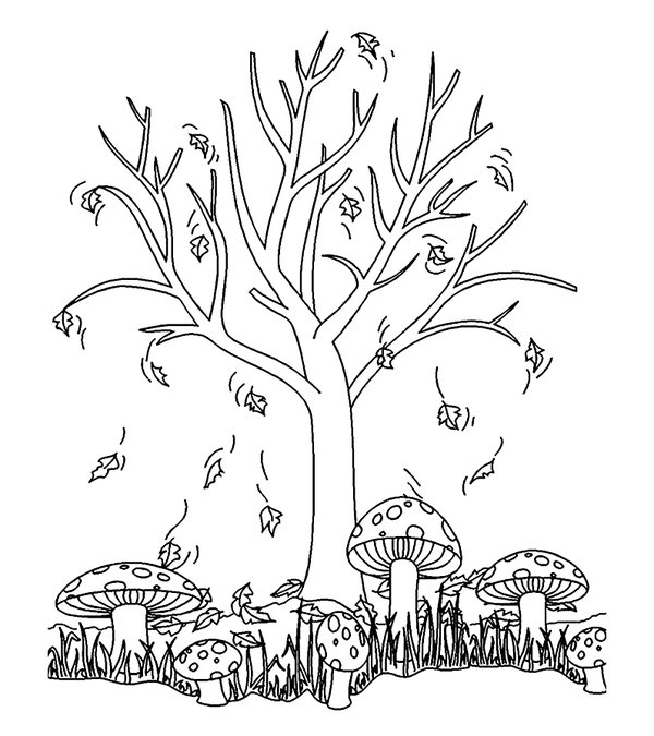 Fall Tree Mushrooms coloring page for children