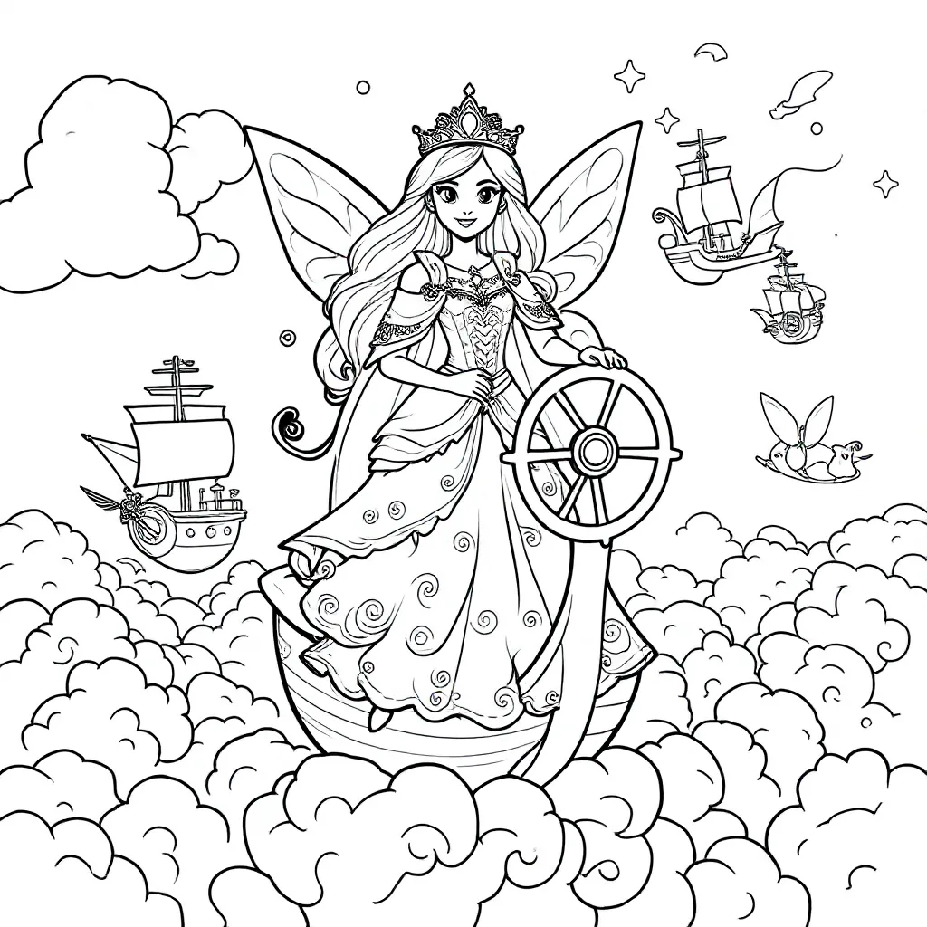 fee-piraat prinses die vliegende schepen bestuurt boven wolkenzee kleurplaat voor kinderen