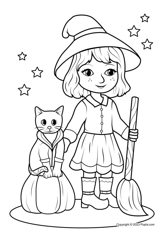 Fille Dhalloween Avec Chat coloring page for children