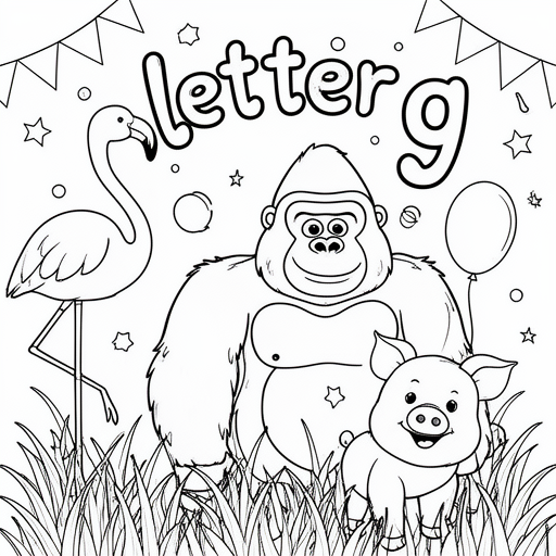 flamingo, gorilla, biggetje, gras, verjaardag kleurplaat voor kinderen