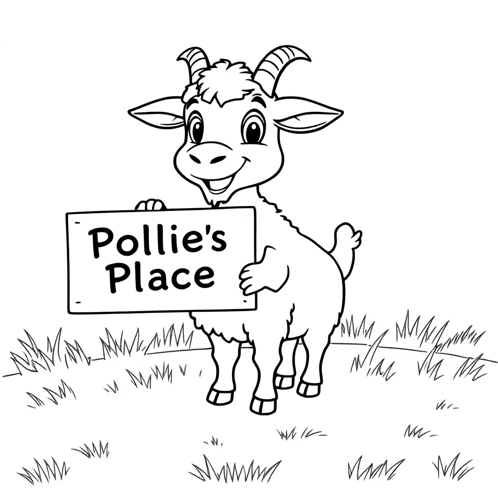 Geitjes met een bordje in het gras met daar op Pollie's Place kleurplaat voor kinderen