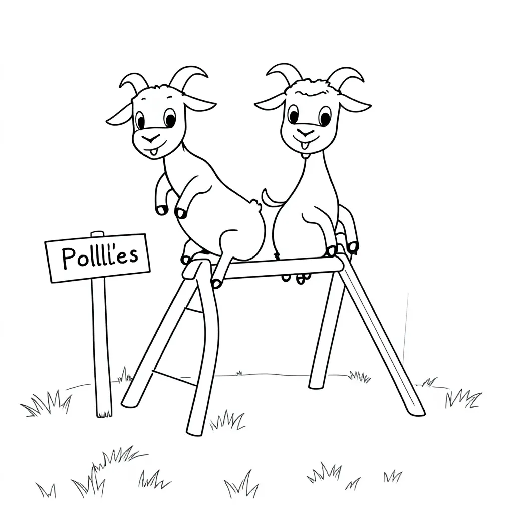 Geitjes op een klimrek en men een bordje in het gras met daar op Pollie's Place kleurplaat voor kind
