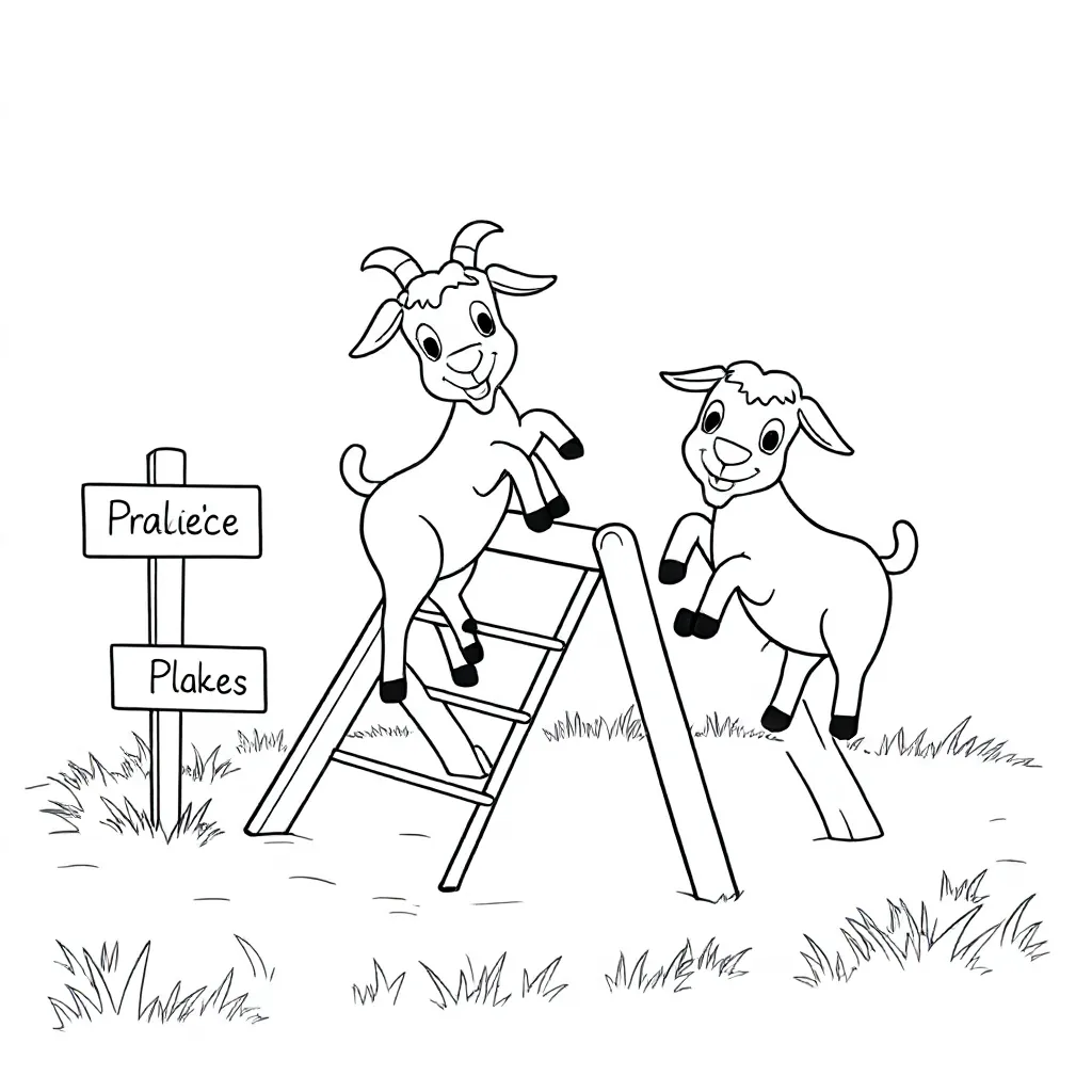 Geitjes op een klimrek en men een bordje in het gras met daar op Pollie's Place kleurplaat voor kind