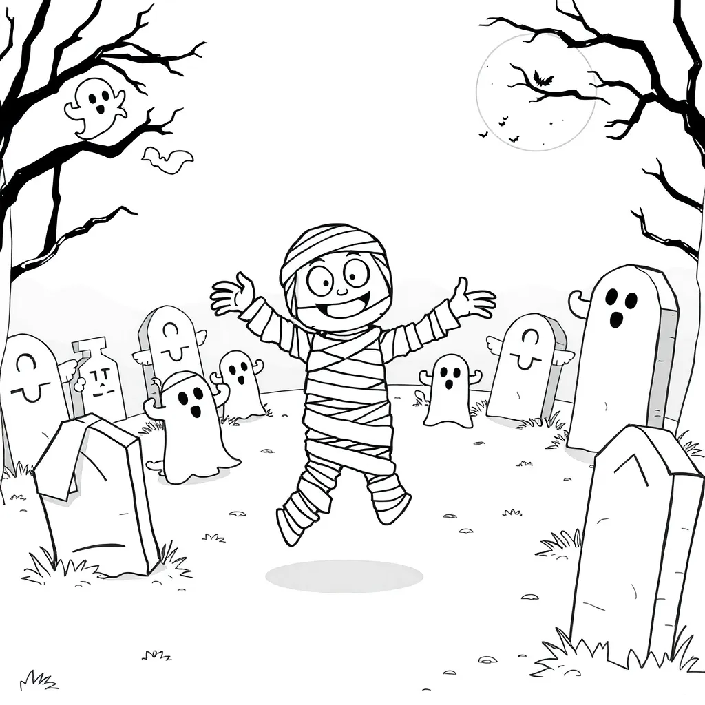 Grappige Mummie Spookachtig Kerkhof Halloween Griezelige Avonturen Fijne Motoriek coloring page for