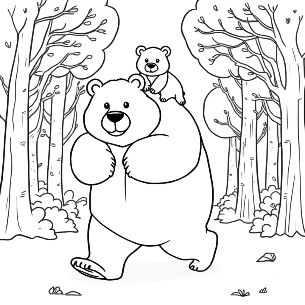 Feuille de coloriage gratuite : gros ours portant un petit ours dans la forêt  Feuille de coloriage