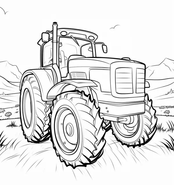 Feuille de coloriage Tracteur géant dans un champ