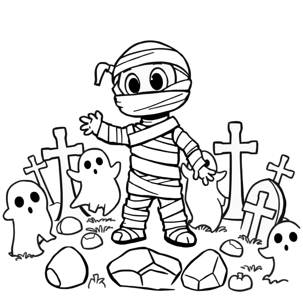 Halloween Griezelig Mummie Begraafplaats Cartoonstijl coloring page for children