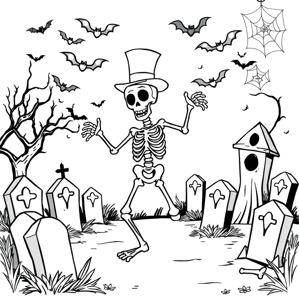 Free Halloween Coloring Page, Spooky Skeleton, Cemetery, Spiderwebs
