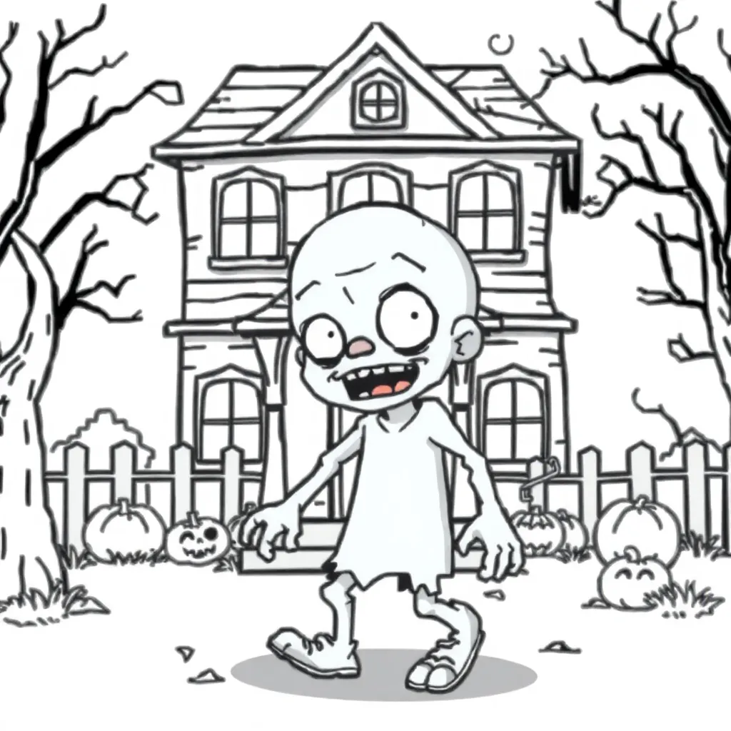 Free Halloween Coloring Pages, Spooky, Zombie, Haunted House, Cartoon Style