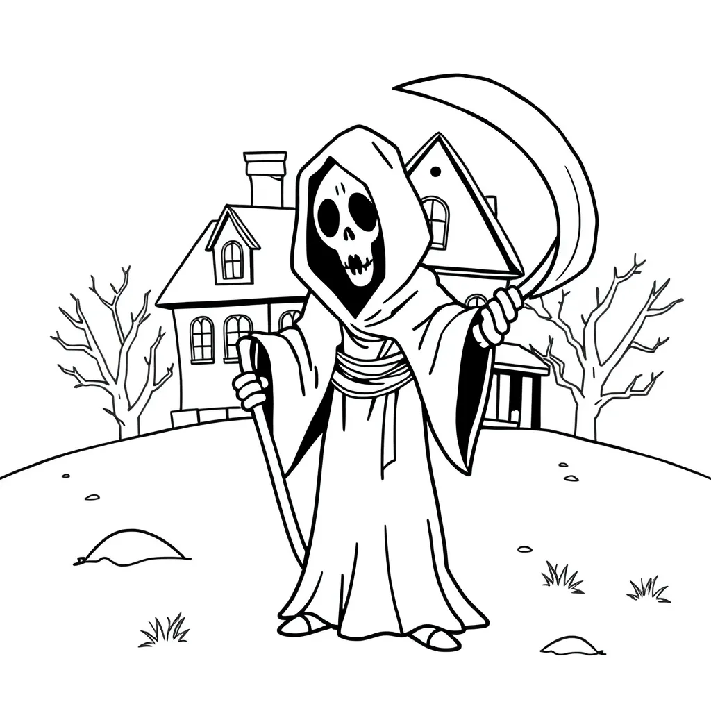 Free Halloween Coloring Page, Grim Reaper, Haunted House, Cartoonish, Grey