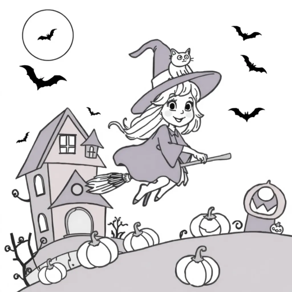 Halloween Witch Cat Haunted House Pumpkins Coloring Page