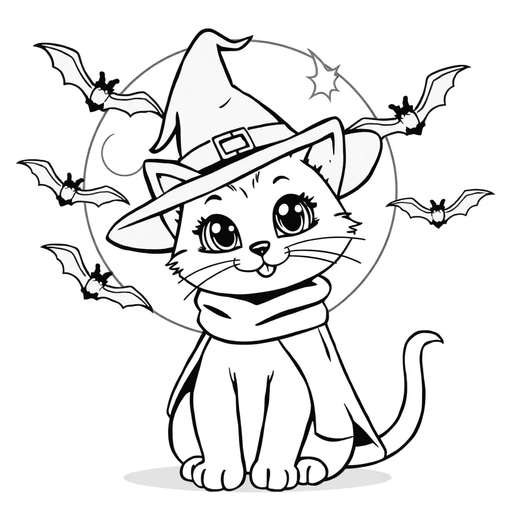 Halloween Kat Heks Vleermuizen Maanverlicht coloring page for children