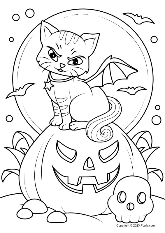 Halloween Coloring Page: Cat Sitting on Pumpkin