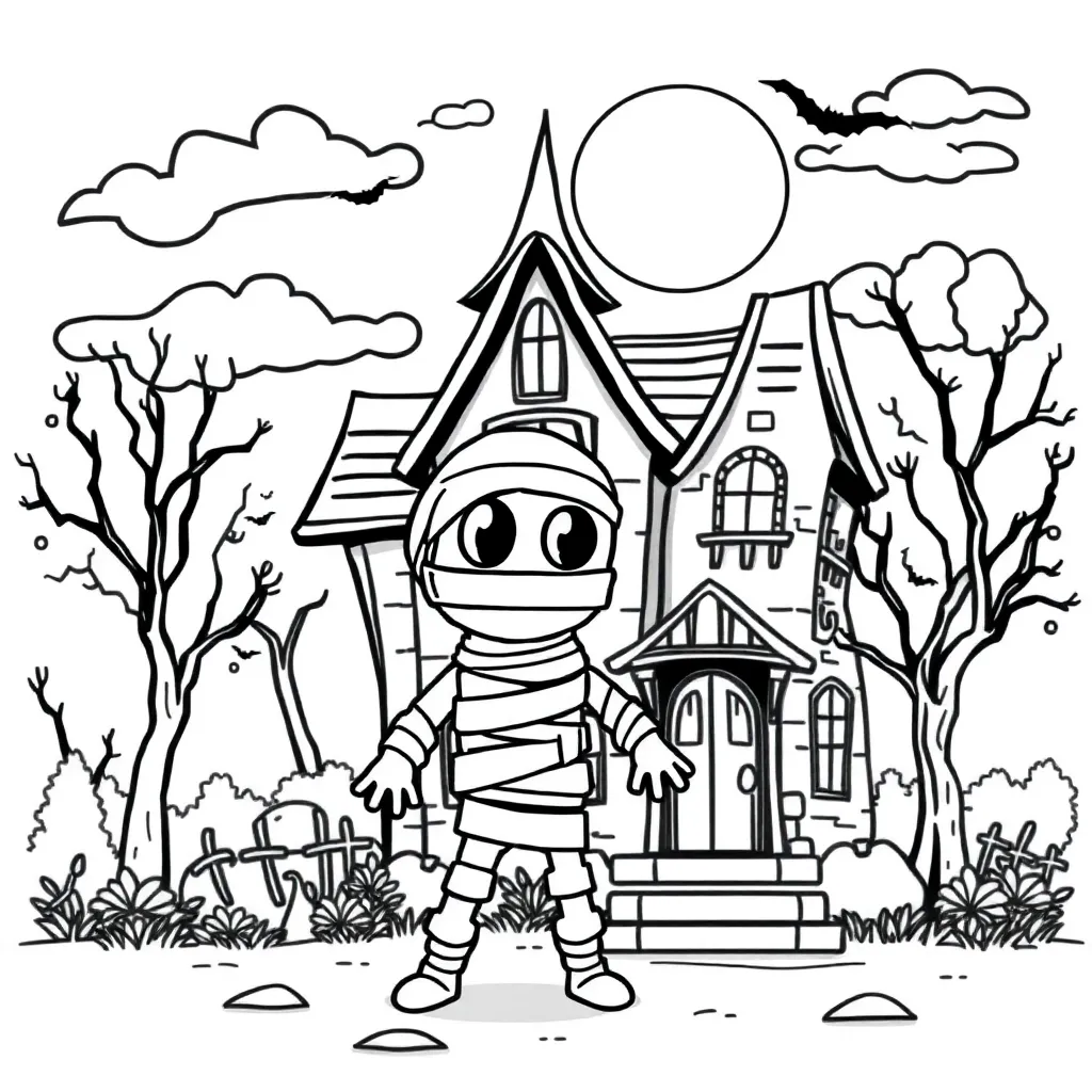Halloween Mummie Spookhuis Bomen Donkere Wolken coloring page for children