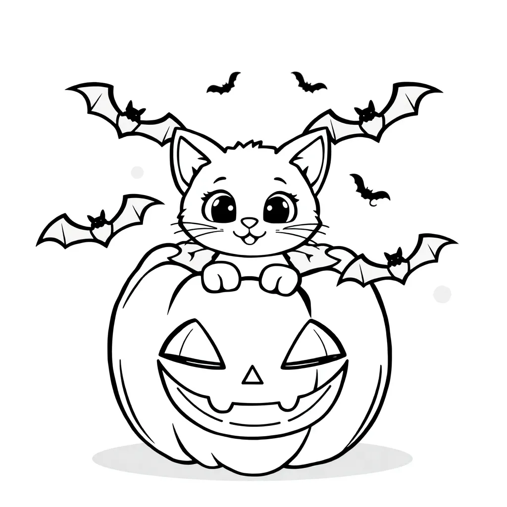 Free Halloween Coloring Pages, Pumpkin, Cat, Bats, Cartoon Style Coloring