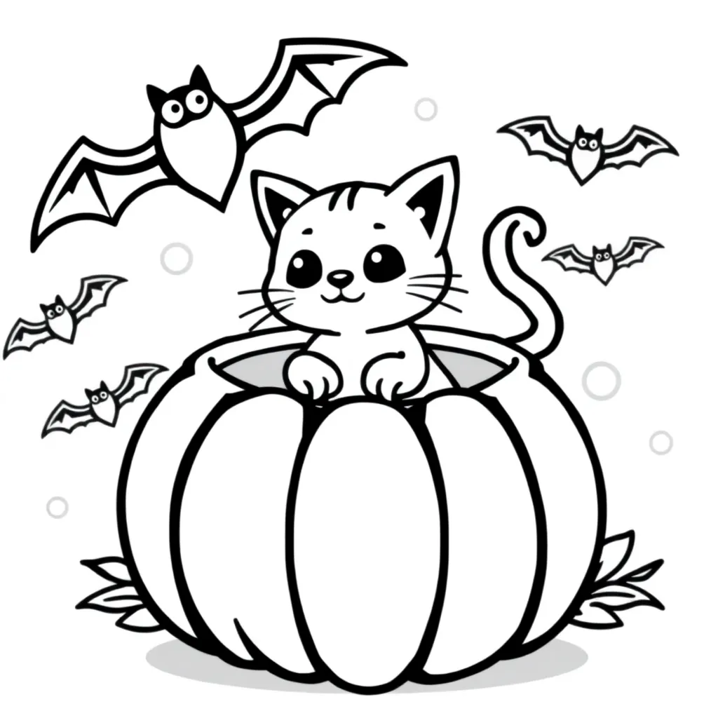 Halloween Pumpkin Cat Bats Cartoon Coloring Page