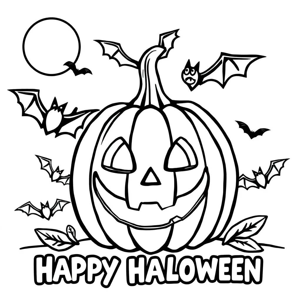 Free Halloween Coloring Pages, Pumpkin, Bats, Spooky Party, Cartoon
