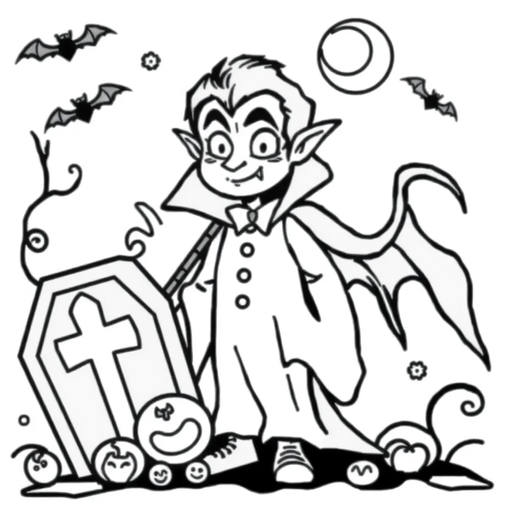 Halloween Vrolijke Vampire Cartoon Eenvoudig Creatief coloring page for children