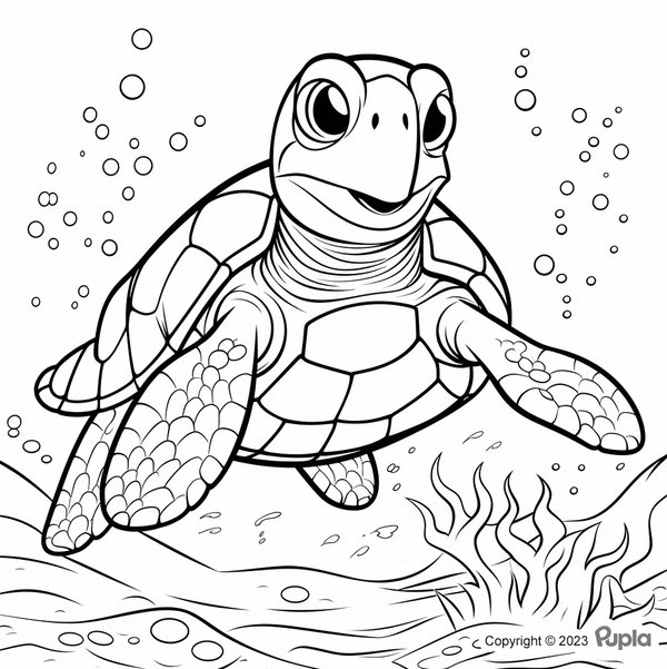 Happy Turtle Swimming coloring page for children