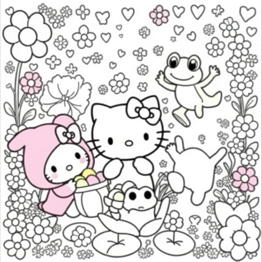 hello kitty en vriendjes kleurplaat voor kinderen