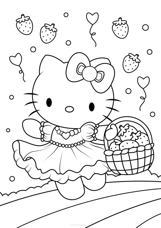 Hello Kitty mit einem Korb voller Erdbeeren coloring page for children