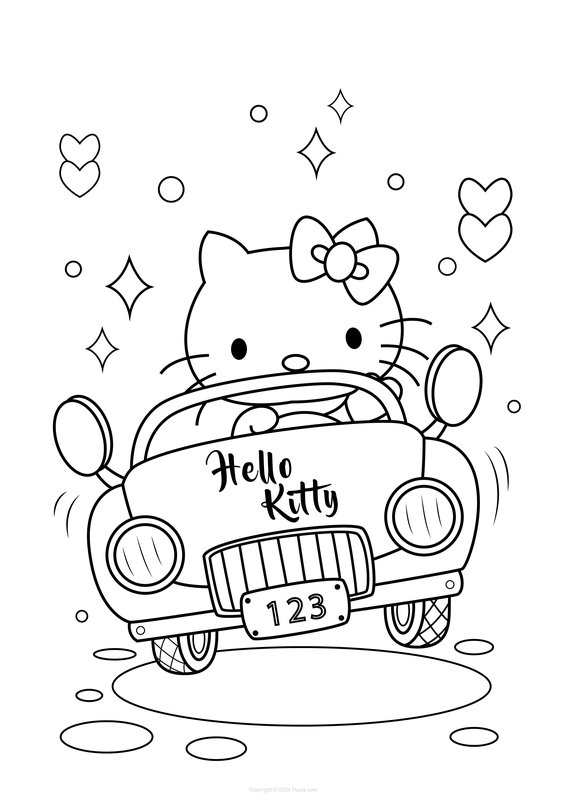 Hello Kitty rijdt auto coloring page for children