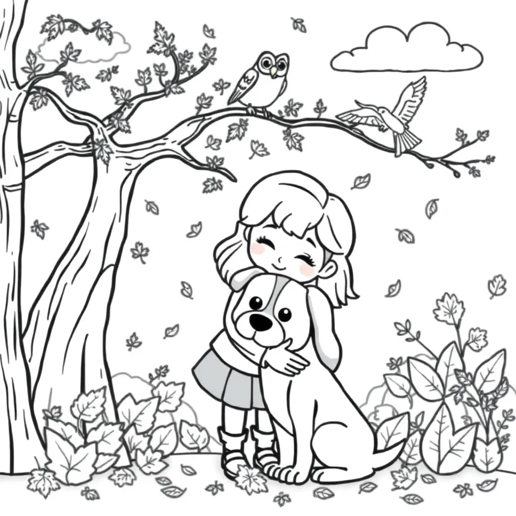 Free Fall Girl Dog Nature Season Coloring Page for Kids